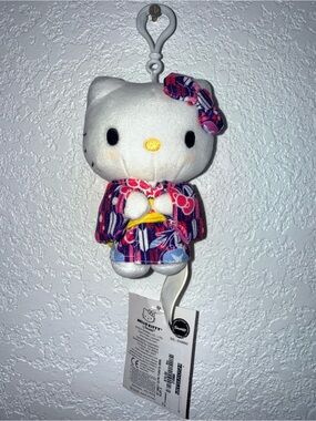 Hello Kitty White Plush Keychain with Pink & Purple Kimono and Yellow Bow